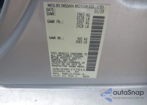 2019 Nissan Altima 2.5 Sl z USA, uszkodzony, nr VIN 1N4BL4EV9KC257015